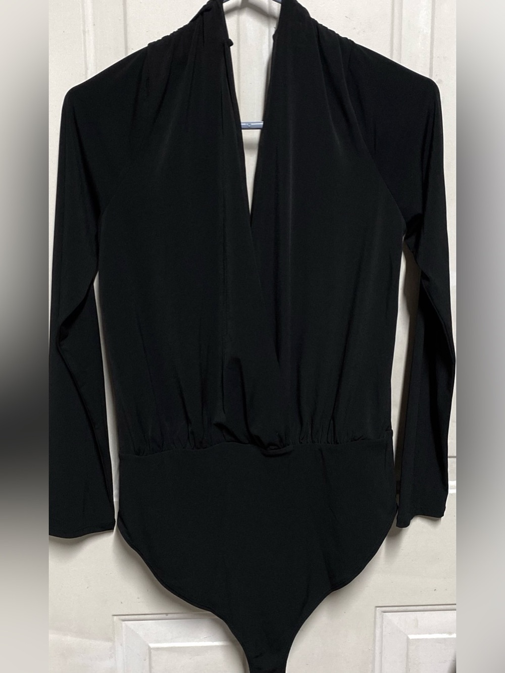 Black Deep V Plunge Bodysuit Long Sleeve Size Large Stretch Fitted Top